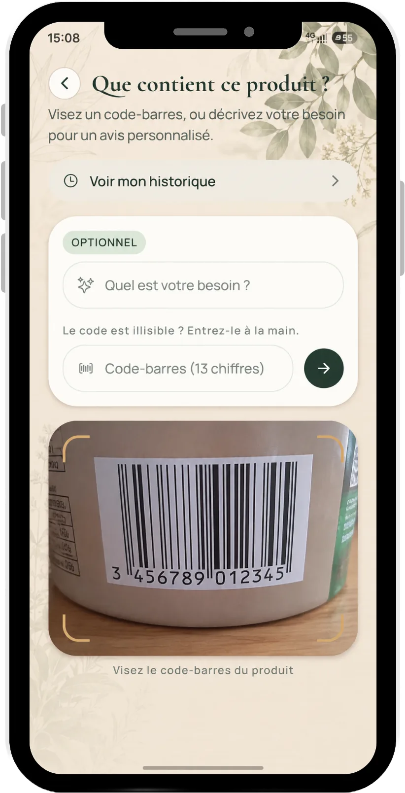 Écran d'analyse d'un produit par code-barres