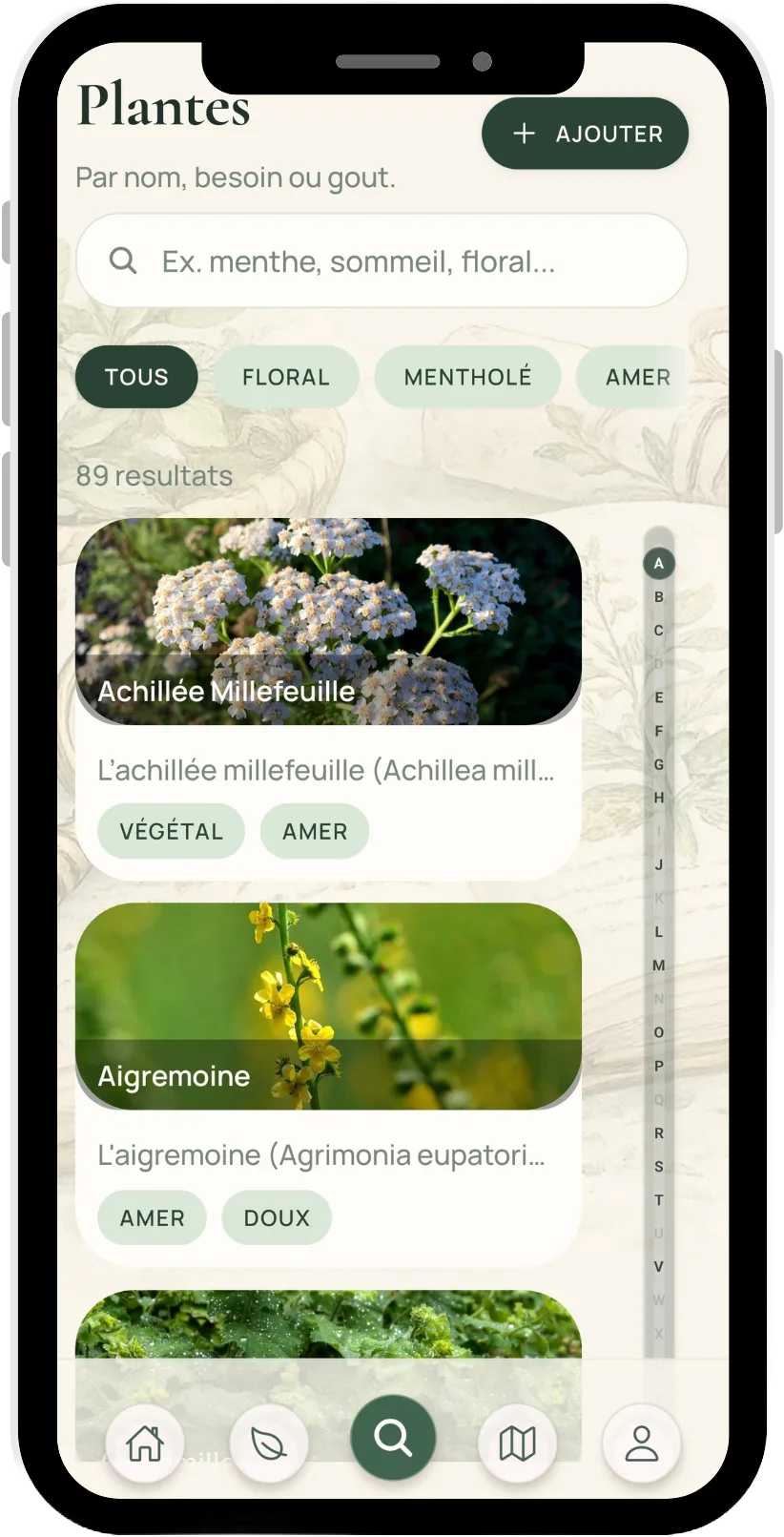 Écran du catalogue de plantes